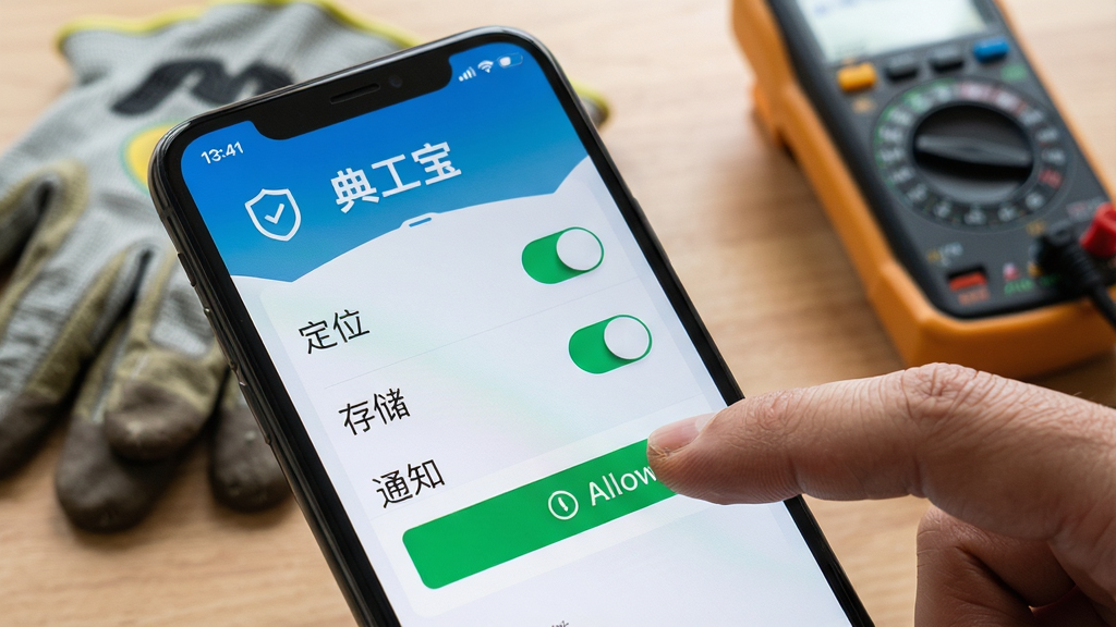 һ���ֻ���Ļ��д��Ƭ����Ļ����ʾ���乤����APP��Ȩ�޹������棬�ж�λ���洢��֪ͨ����Ȩ�޿��أ��Ա���һֻ����׼�����������ť��������ģ�������棬���Ϸ���һ���繤���׺����ñ������дʵ��ϸ�ڰ�����ָ����������Ļ�ϵ����������ɼ��������������ɾ����޶���Ԫ�ء�