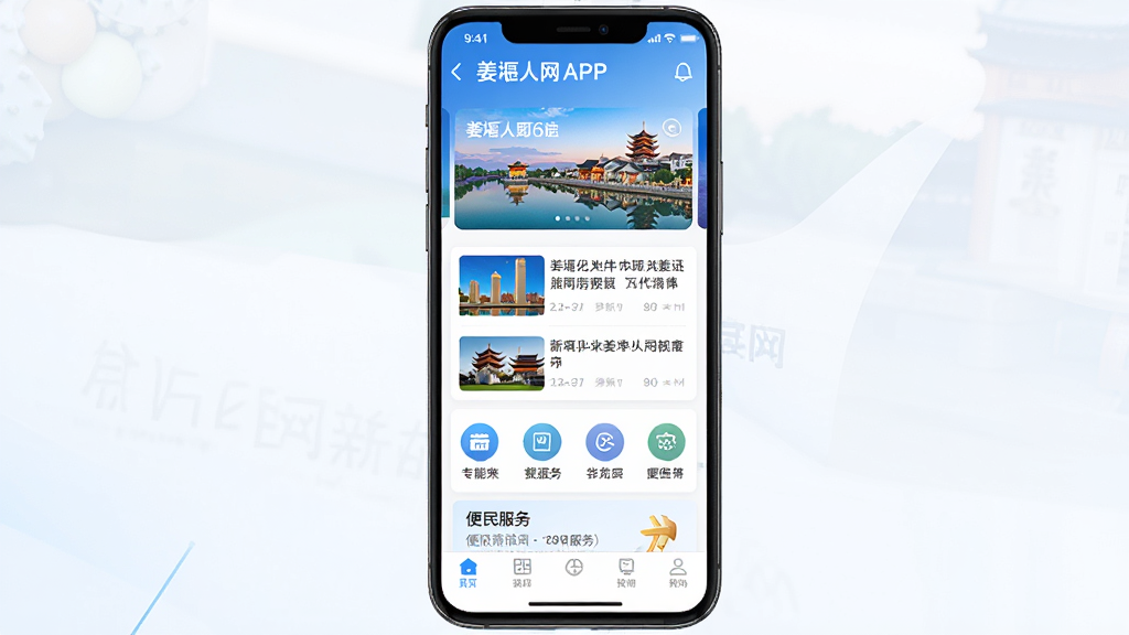 һ���ֻ�Ӧ�ý���չʾͼ�����������ǽ�������APP��ҳ�棬�����ֲ�ͼչʾ���߳��з�⣬�м�����������Ѷ��Ƭ�ͱ������ͼ�꣬�ײ������������ɼ������岼�ָɾ����࣬�������׽�����ɫ����ִ���ƽ��UI��ƣ�ϸ�ھ��£������������޶���Ԫ��