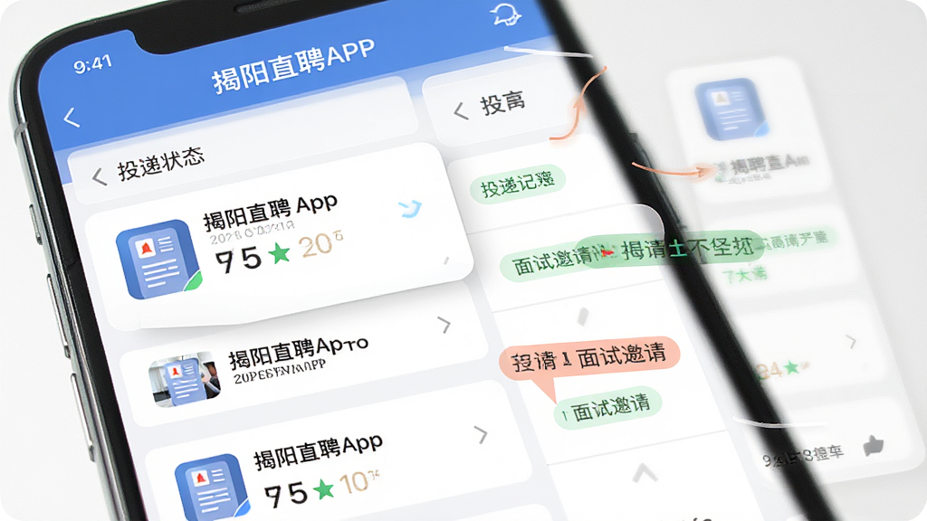 һ��չʾ����ֱƸAPP�������������ͼƬ������Ϊ�ֻ���Ļ��ʾ�����б���Ͷ��״̬������Ϊ��Ƭʽ���У��Ű�ͻ��Ͷ�ݼ�¼�����������ǩ�����Ϊ������磬ϸ�ڰ�������ֱƸ���ֺͼ���ͼ�꣬���ʸ��壬�ɾ����޶���Ԫ��