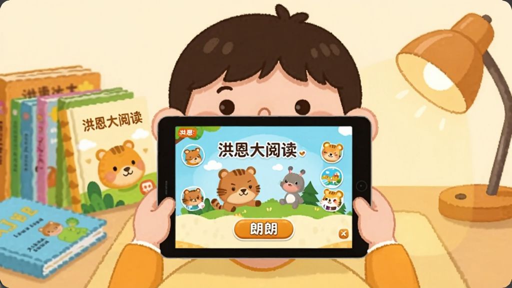 һ�Ŷ�ͯ�ֳ�ƽ����Թۿ�������Ķ�App����ĳ���ͼ����������Ϊ��ͨ���Ķ�ͯ��������ǰ��ƽ�������Ļ��ʾ������Ķ��Ļ汾�������ʶ���ť�����ֲ������Ĺ�ͼ�����ڷż�����ɫ�汾���Ҳ���һյůɫ̨�ƣ�������Ϊ��ܰ��ͨ�廭�磬ϸ�ڰ�����Ļ�ϵ����֡�������Ķ����Ϳɰ��Ķ����ɫͼ�꣬��������������ɾ����޶���Ԫ��