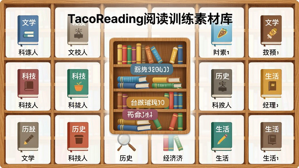һ��չʾTacoReading�Ķ�ѵ���زĿ�����ͼƬ�����������Ƿ������ͼ�꣬������ѧ���Ƽ�����ʷ�����á�����ȱ�ǩ�����ֲ�������״�Ű棬ÿ����������һ�����ͼ��ͷ������ơ����Ϊ����ͼ��ݷ��ϸ�ڰ���ľ�������������ɫ�鼮���桢�����ǩ�����ʸ��壬����ɾ����޶���Ԫ�ء�