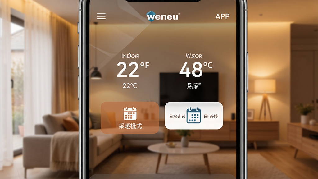һ��չʾ���ܼ�Ӧ�ý���������ֻ���Ļ��ͼ���������������ܼ�APP��������壬�����������ʾ�����¶�22�ȡ���ˮ�¶�48�ȡ���ůģʽͼ����ճ̼ƻ���ť����������ܰ���ִ�����������ůɫ���ƹ⣬������ִ���ϸ�ڰ����ֻ���Ե�ķ���ͽ����ϵ�����Ʒ�Ʊ�ʶ�����ʸ��壬�ɾ����޶���Ԫ��