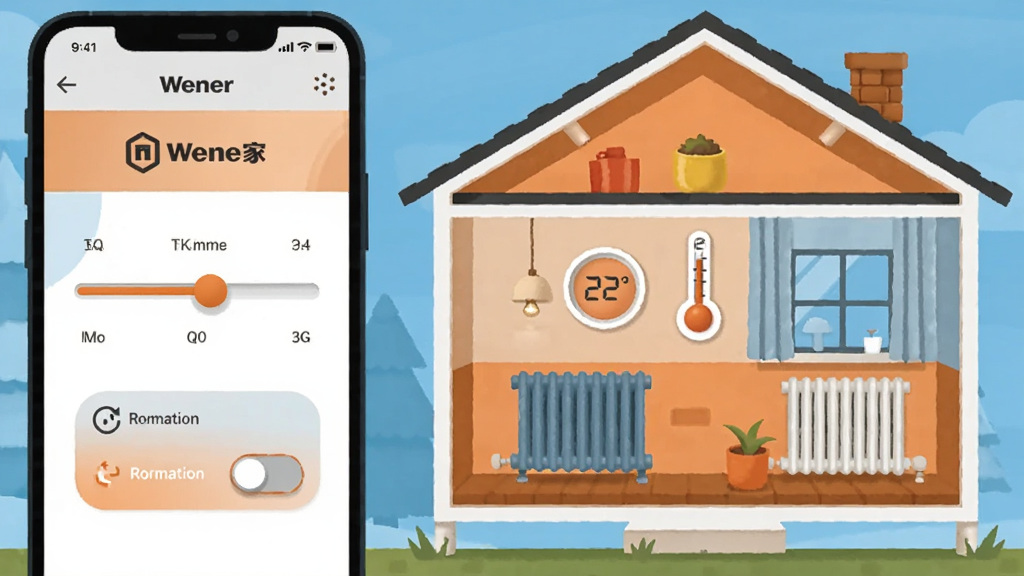 һ��չʾ���ܼ�Զ�̿��¹��ܵı�ƽ���廭�����������һ�������ֻ�����Ļ����ʾ���ܼ�Ӧ�õ��¶ȵ��ڻ���Ͳ�ů���ذ�ť���Ҳ���һ������ů���ķ�������ͼ�����������¶ȼ���ʾ22�ȣ������ܰ�ִ���ɫ���Գ�ɫ����ɫΪ����ϸ�ڰ����ֻ���Ļ�ϵ����ܼұ�־�ͷ����ڵ�ů��Ƭ�������������ɾ����޶���Ԫ��