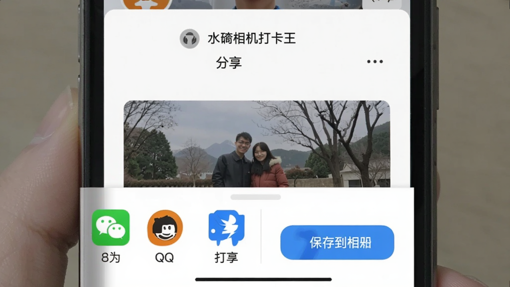 ˮӡ��������������棬����Ϊ�ֻ���Ļ��ʾ��Ƭ�����˵�������Ϊ�ײ�����ʽ��壬�Ű����������Ϊ��ƽ����ƣ�ϸ�ڰ���΢�š�QQ�������ȷ���ͼ�꣬�Լ����浽���͵�����ť�������������ɾ����޶���Ԫ��