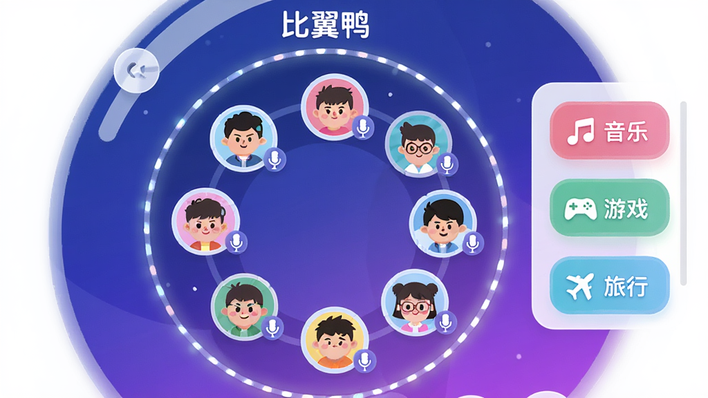 ����������һ��Բ�����������ҽ��棬�����Ϸ�д�š�����Ѽ�������������ж����ͨͷ��Χ��һȦ��ÿ��ͷ���Ա�����˷�ͼ�꣬����Ϊ����ɫ����ɫ�Ľ��䣬�����Ҳ���һ����Ȥ��ǩ�б�����ǩ���������֡�����Ϸ�������С������岼��Ϊ����Բ�ι�ͼ�����Ϊ��ƽ��UI�廭��ϸ�ڰ�������߿�Բ�ǿ�Ƭ����ͽ��䣬���ʸ��壬�ɾ����޶���Ԫ�ء�
