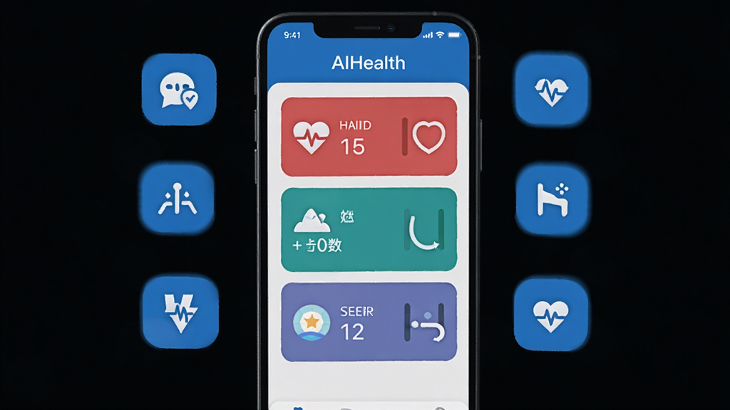AIHealth �ֻ�Ӧ�������棬����չʾ���������Ǳ��̣��������ʡ�������˯�߿�Ƭ�����ܻ��Ƽ�Լͼ�꣬������ɫ����ƽ����񣬻���ɾ����࣬���廭�ʣ��޶���Ԫ��