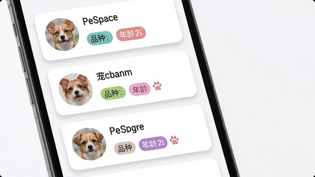 һ��չʾPetSpace���ﵵ���������ܵĽ����ͼ���������ֻ���Ļ�ϵĳ�����Ϣ��Ƭ������Ϊ�������еĵ����б���ÿ�ſ�Ƭ��������ͷ�����֡�Ʒ�ֺ������ǩ�����Ϊ��ƽ����ƣ�ϸ�ڰ���Բ�ǿ�Ƭ�������Ӱ�Ͳ�ɫ��ǩ������Ϊ���壬�ɾ��޶���Ԫ��