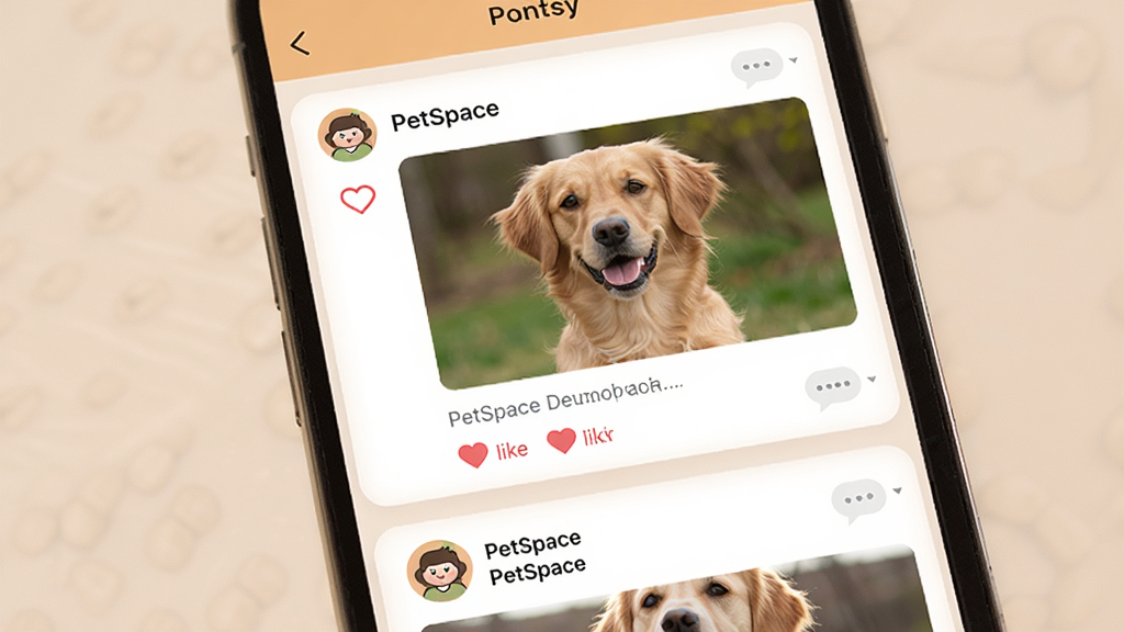 һ��չʾPetSpace������̬�������ܵ��ֻ�����ͼ�������������ֻ���Ļ����ʾ��̬��Ϣ������������ͼƬ���������������޺����۰�ť������Ϊ���¹���ʽ��Ƭ�б������Ϊ��ů�罻���ϸ�ڰ���Բ��ͷ�����ε���ͼ����������ݣ�����Ϊ���壬�ɾ��޶���Ԫ��