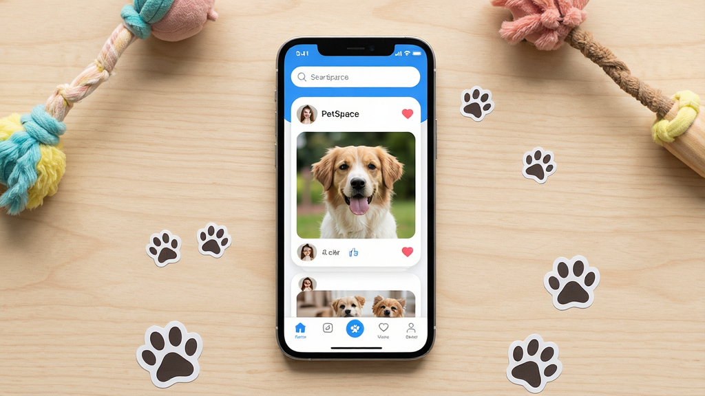 һ��չʾPetSpaceӦ�ý�����ֻ�����ͼ��������һ�����������ֻ�����Ļ����ʾPetSpaceӦ�õ���ҳ���棬����������Ƭ��̬��Ƭ���ײ��������Ͷ��������򣬲���Ϊ���й�ͼ���ֻ�����ǳɫľ�������ϣ���Χɢ��һЩ������ߺ�צӡ��ֽ�����Ϊ�����������ִ�UIչʾ���ϸ�ڰ�����Ļ�ϵ�Բ�ǿ�Ƭ������ͷ��͵���ͼ�꣬����Ϊ����4K���ɾ����࣬�޶���Ԫ��