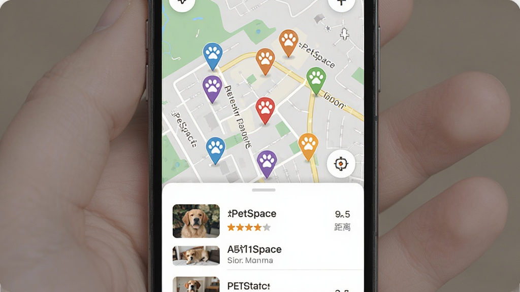 һ��չʾPetSpace���������Ѻó������ܵ��ֻ���ͼ����ͼ�������������ֻ���Ļ����ʾ��ͼ�Ϸֲ��Ŷ������צӡ��ǵ㣬����Ϊ��ͼ���С��ײ�����������Ƭ�б������Ϊ�ִ���ͼӦ�÷��ϸ�ڰ�����ɫ��ǡ��������ֺ;����ǩ������Ϊ���壬�ɾ��޶���Ԫ��