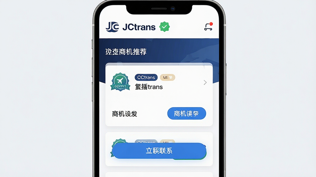 һ��չʾJCtrans��ҵ��ҳ���̻��Ƽ������AI��ͼ������Ϊ�ֻ���Ļ��д������Ϊ���½ṹ���Ű��Ϸ���ʾ��ҵLOGO����֤��ʶ���·���ʾ�̻���Ƭ�б������Ϊ�ִ���Լ����磬ϸ�ڰ�����ҵ��֤���¡����߱�ǩ����ϵ��ť�ĸ�����ƣ������������ɾ����޶���Ԫ�ء�