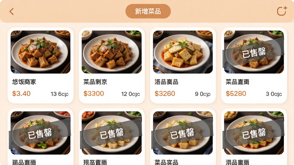 �Ʒ��̼Ҷ˲�Ʒ�������棬����״���ж����Ʒ��Ƭ��ÿ�ſ�Ƭ������ƷͼƬ�����ơ��۸��������������ֿ�Ƭ���С�����������ɫ���ֱ�ǩ�������С�������Ʒ����ť������ɫ����ů��ͣ���ƬԲ����ƣ��������룬����������������Ԫ��