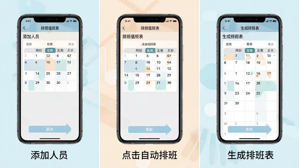 һ��չʾ�ֻ����Ű��������Ľ�ͼ���ͼƬ�������Ϊ���񣬷ֱ���ʾ������Ա������Զ��Űࡢ�����Ű���������棬ÿ���·��м�����ֱ�ע����������ˬ����ɫ��ͣ�����������ͼ�а���