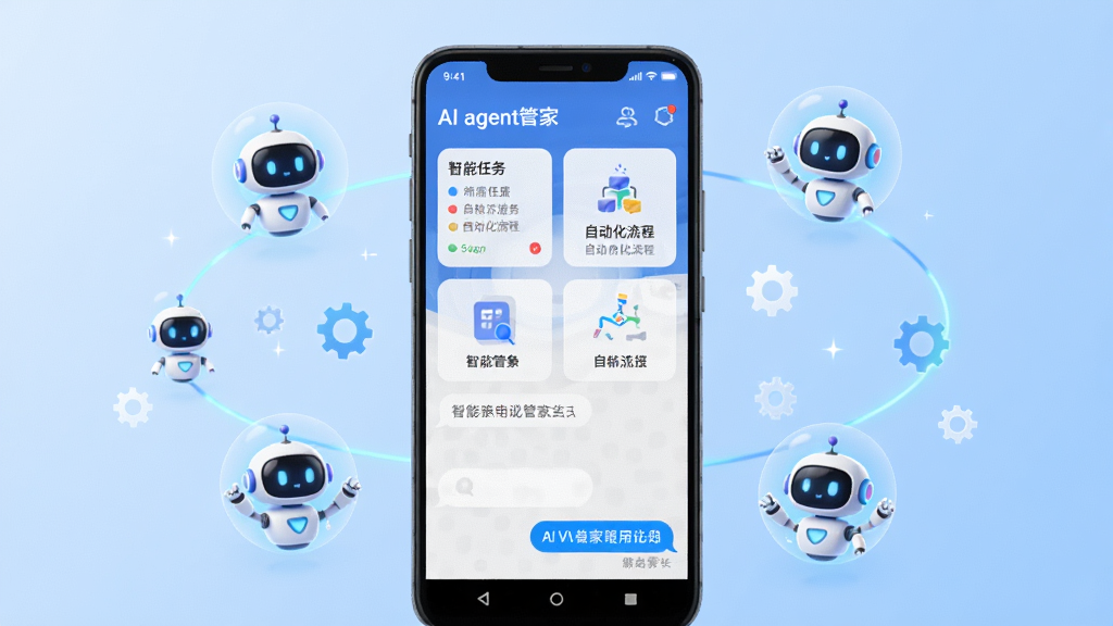AI agent���ܹܼ�Ӧ��������չʾͼ�������������һ����׿�ֻ����ֻ���Ļ����ʾAI agent���ܹܼҵ���������壬���������������Ƭ���Զ�������ͼ�������ʽ�������ڡ��ֻ���Χ�����ŷ����AI�����������Сͼ����Զ������ַ��š�����Ϊ�ɾ���ǳ��ɫ���䣬�����Ƽ��У�ϸ�����������ʸ��壬�޶���Ԫ�ء�