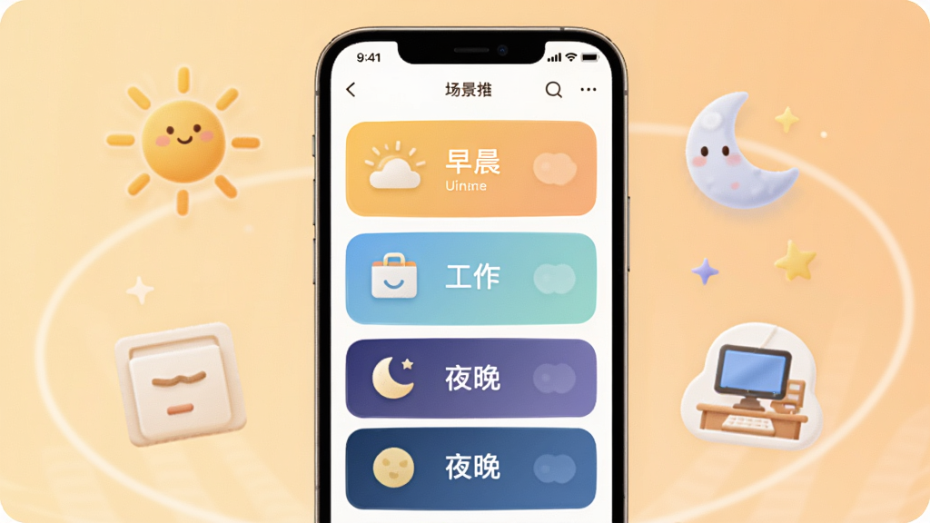 AI agent���ܹܼҸ��Ի������Ƽ�����չʾͼ���������ֻ���Ļ��ʾ�����Ƽ���Ƭ�б��������糿��������ҹ���Ȳ�ͬ����ͼ�ꡣ�ֻ���Χ������̫���������Ͱ칫ͼ�ꡣ����Ϊ��ů��ǳ��ɫ���䣬�������Ѻã�ϸ�ڷḻ�����ʸɾ����޶���Ԫ�ء�