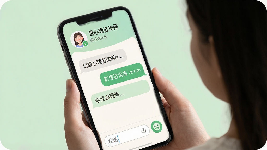 һ��չʾ���ڴ�������ѯʦ��APP��ѯ�����ͼƬ��������һλ�û���ͨ���ֻ���������ѯʦ�������ֶԻ����Ի����������ɼ������涥����ʾ��ѯʦͷ������֤��ʶ������Ϊ��͵�ǳ��ɫ�������Ű��࣬�����ܰרҵ��ϸ�ڰ�������򡢷��Ͱ�ť������ͼ�꣬����������������Ԫ�ء�
