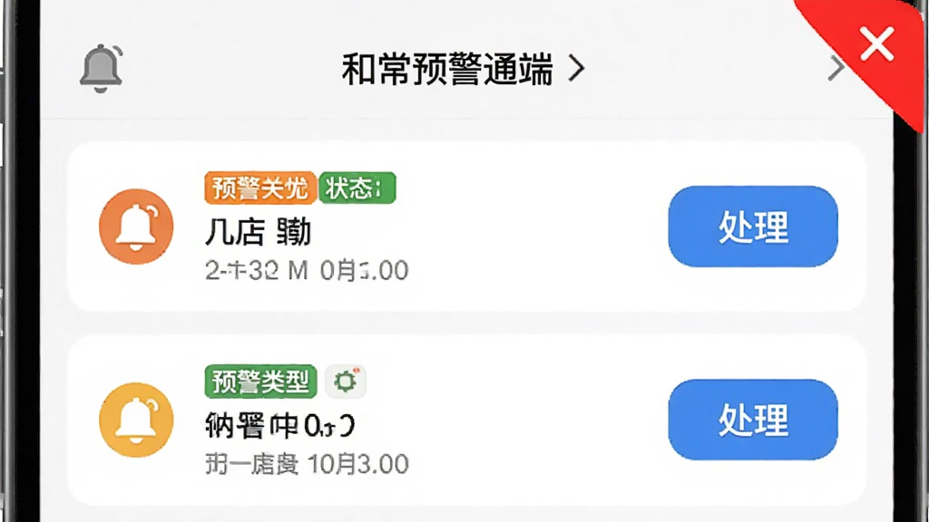 �ͼ������̻����쳣Ԥ��֪ͨ���棬����չʾ�ֻ�֪ͨ�б���ÿ��֪ͨ����Ԥ������ͼ�ꡢ�ŵ����ơ�ʱ����ʹ�����ť�������к�ɫ�Ǳ���ʾ��������Ч��ϸ�ڰ�������ͼ�ꡢ״̬��ǩ�������������޶���װ��