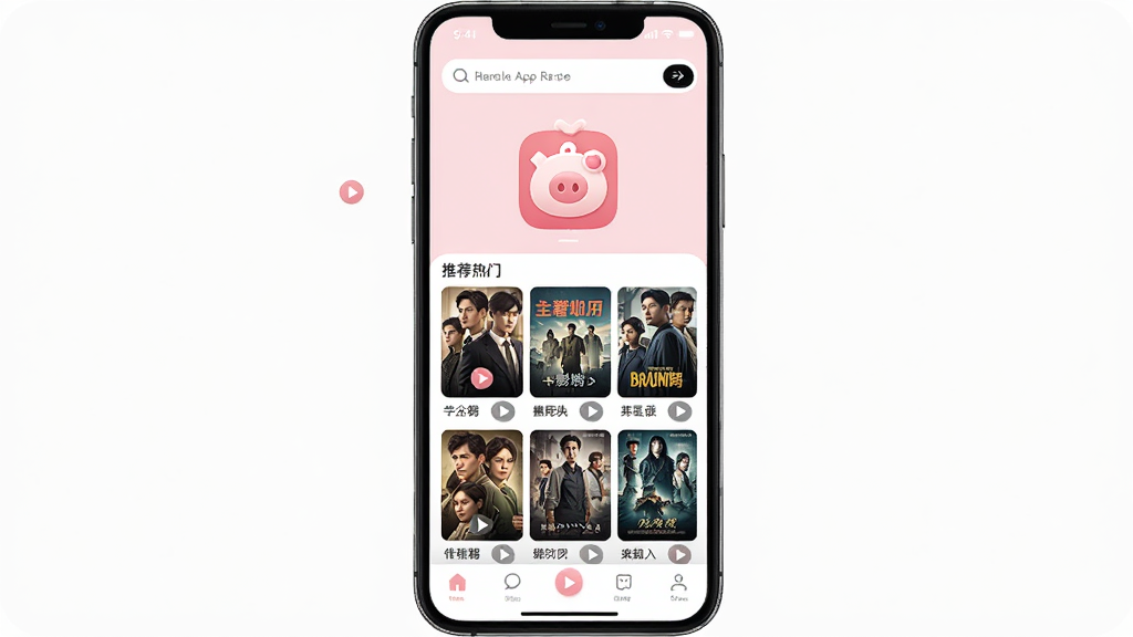 ����Ӧ��������չʾ���ֻ���Ļ������ʾ����App��Logo���Ƽ�Ӱ�Ӻ���ǽ������Ϊ���½ṹ���Ϸ����������·��������е����ž缯���棬���������¼�࣬ϸ�ڰ������Ű�ť�������ǩ�͵ײ��������������������ɾ��޶���Ԫ��