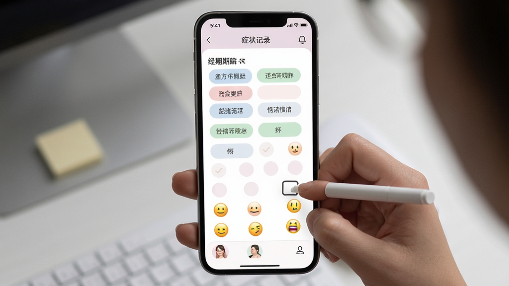 һ���ֻ���Ļչʾ���ڸ���App��֢״��¼ҳ�棬ҳ�����ж��֢״��ǩѡ�����������ͼ�꣬�û����ڹ�ѡ��¼��������ɫ��ͣ��������࣬���ʸ��壬�޶���װ��
