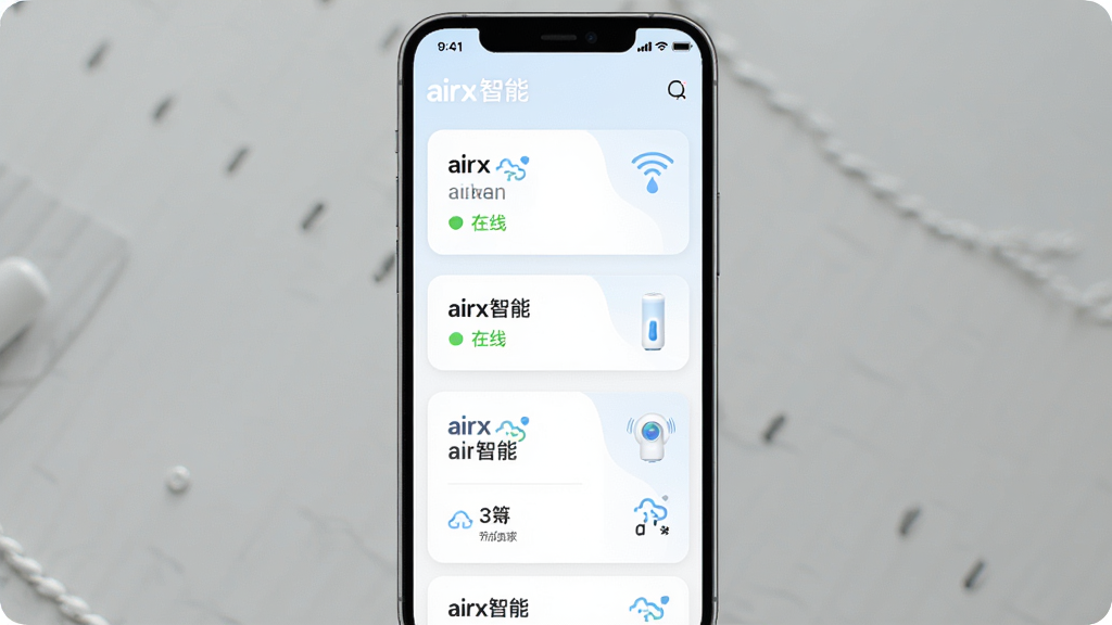һ��չʾairx����app���豸����������ֻ�����ͼ������Ϊ�ֻ���Ļ��ʾ����豸��Ƭ�б�������Ϊ�������У����Ϊ����ǳɫϵ��ϸ�ڰ���ÿ�ſ�Ƭ�ϵ��豸���ơ�����״̬�Ϳ�������ͼ�꣬���������ɾ��޶���Ԫ�أ�ͼƬ�����ֱ�ע