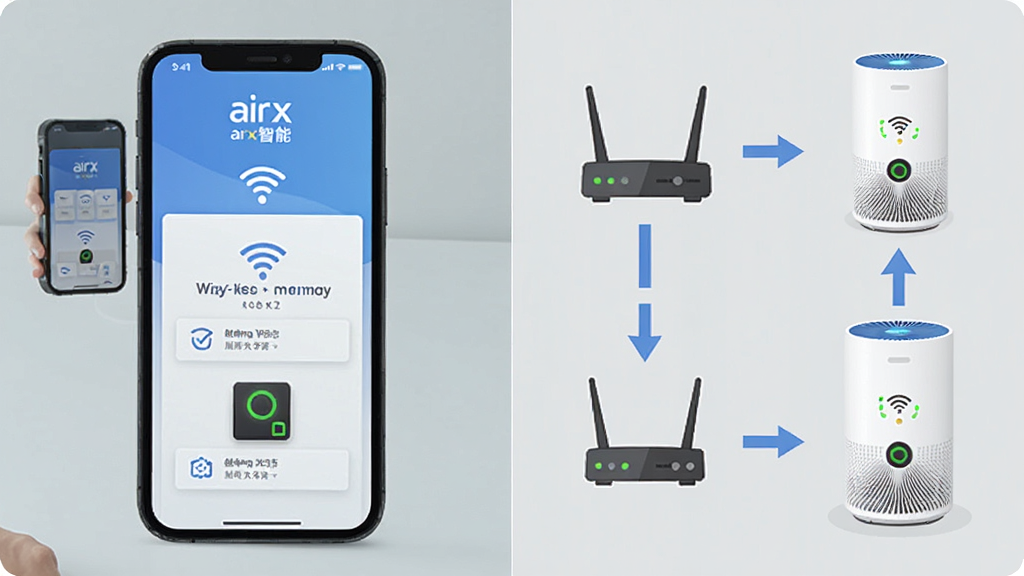 һ��չʾairx����app�����������̵�ʾ��ͼ������Ϊ�ֻ���Ļ��ʾWiFi���Ӳ���;�����ָʾ��״̬������Ϊ���ҷֲ�չʾ�����Ϊ��ƽ���̷̳磬ϸ�ڰ����ֻ���·������������ͼ��ͼ�ͷָʾ�����������ɾ��޶���Ԫ�أ�ͼƬ�����ֱ�ע
