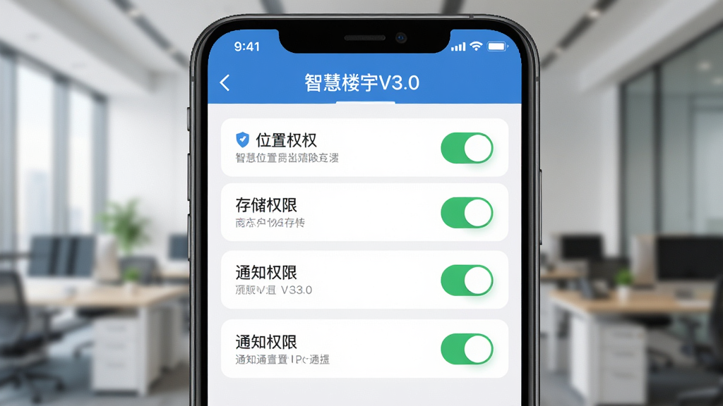 ������һ�������ֻ���Ļ��д������������ʾ�ǻ�¥��V3.0 APP��Ȩ������ҳ�棬�Ű�Ϊ�б�ʽ���ذ�ť�����Ϊ��ƽ���ֻ����棬ϸ�ڰ���λ��Ȩ�ޡ��洢Ȩ�ޡ�֪ͨȨ�޵Ŀ��ش��ڿ���״̬������Ϊģ���İ칫�ҳ��������ʸ��壬����ɾ����޶���Ԫ�أ���Ļ�������֡��ǻ�¥��V3.0��