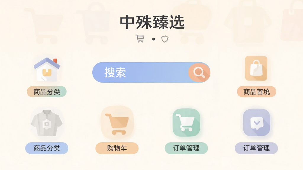 һ��չʾ��������ѡ��Ӧ�ù���ģ���ʾ��ͼ��������ñ�ƽ����Ʒ�񣬽���Ʒ���ࡢ�����������ﳵ�����������Ⱥ��Ĺ�����ͼ��ͱ�ǩ����ʽ������ǳɫ�����ϣ����岼����������ɫ����ͣ����ʸɾ����ʺ���Ϊ�������ܽ�����ͼ