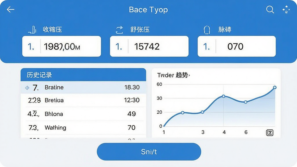 Ѫѹ��Ӧ���������ͼ����������չʾ����Ѫѹ����¼����壬�Ϸ�������ѹ������ѹ����������������·�����ʷ��¼�б�����������ͼ�����岼����������ɫ������Ϊ��������ִ���Լ��ϸ�ڰ������ּ��̺ͱ��水ť�����ʸɾ��������޶���Ԫ��