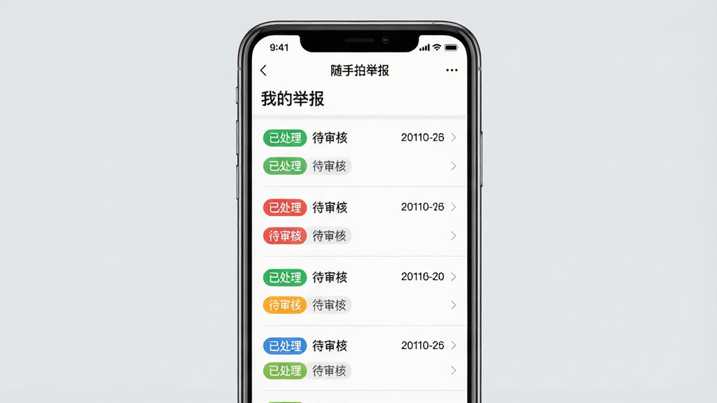 �����ľٱ�����׷�ٽ���չʾͼ������Ϊ�ֻ���Ļ��ͼ�����Ļ����ʾ�����ľٱ�APP�ġ��ҵľٱ����б�ҳ�棬�б��а��������ٱ���¼��ÿ����¼�����״̬��ǩ���Ѵ�����������ˡ����Ҳ������ںͼ�ͷ������Ϊ�ֻ���Ļ����չʾ������Ϊǳ��ɫ�����ΪUI���չʾͼ��ϸ�ڰ���״̬��ǩ����ɫ���֡��б��ķָ��ߡ����ʸ��壬�ɾ����޶���Ԫ�ء�