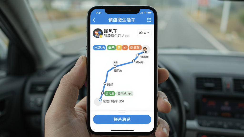һ��չʾ˳�糵ƴ��������ֻ�ͼƬ������������΢����APP��˳�糵ҳ����ʾ�����������г�·����ʱ�䣬���г�����Ŀ�ĵر�ǩ����ϵ��ť�����岼������������Լʵ�ã����ʸɾ����޶���Ԫ�ء�