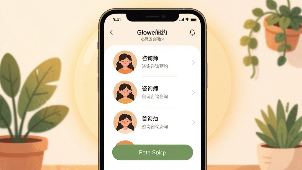 ��������Ϊһ�������ֻ�����Ļ����ʾGlowe��¥Ӧ�õ�������ѯԤԼ���棬���������ѯʦͷ���б���Ự��ڣ����岼�־��жԳƣ��Ű������������Ϊ��ů�����ı�ƽ���廭��ϸ���ϼ�����͵�ůɫ����������ֲԪ�ص�׺�����ʸ��壬����ɾ����޶���Ԫ�ء�