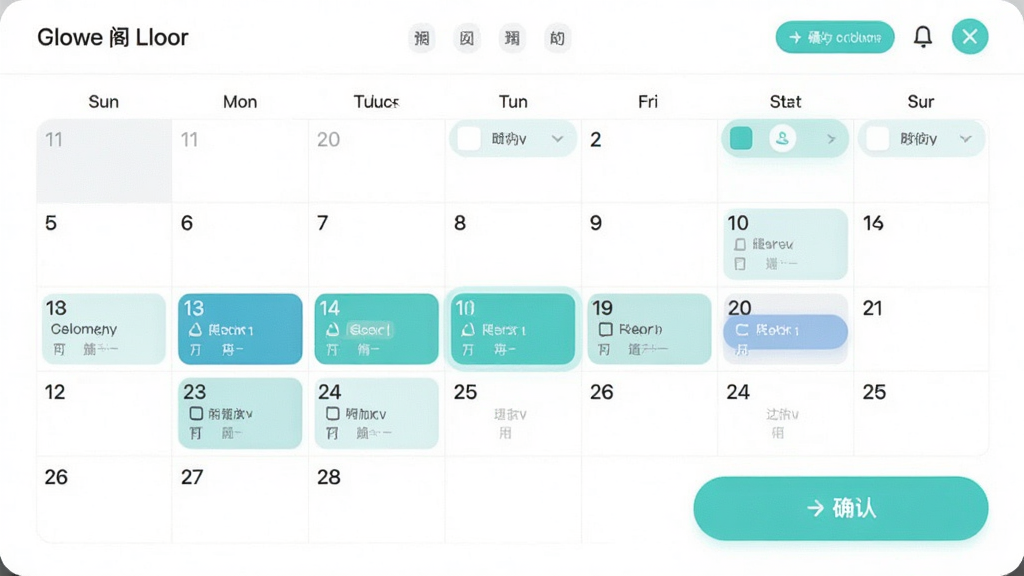 ��������ΪGlowe��¥Ӧ�õ�ԤԼ�������棬����Ϊ������ͼ����ʱ���ѡ��ť���Ű���������Ϊ����ǳɫϵUI���ͼ��ϸ���ϸ�����ʾ��ѡ������ȷ�ϰ�ť�����ʸ��壬����ɾ����޶���Ԫ�ء�