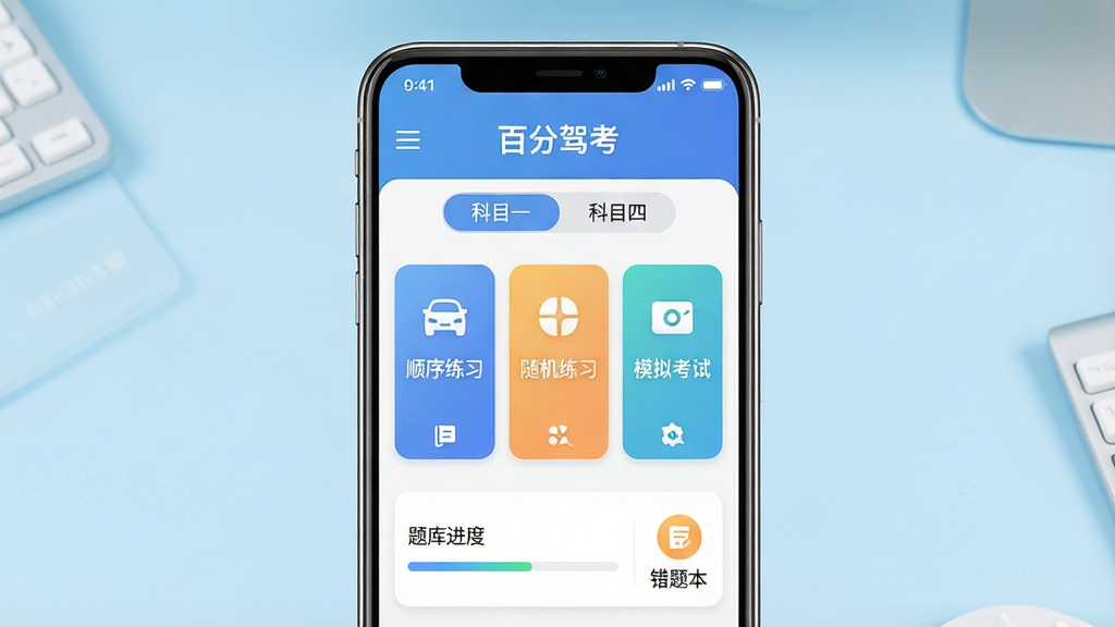 一张手机屏幕展示驾考学习软件界面的场景图,画面中央是一部竖屏安卓手机,屏幕内呈现