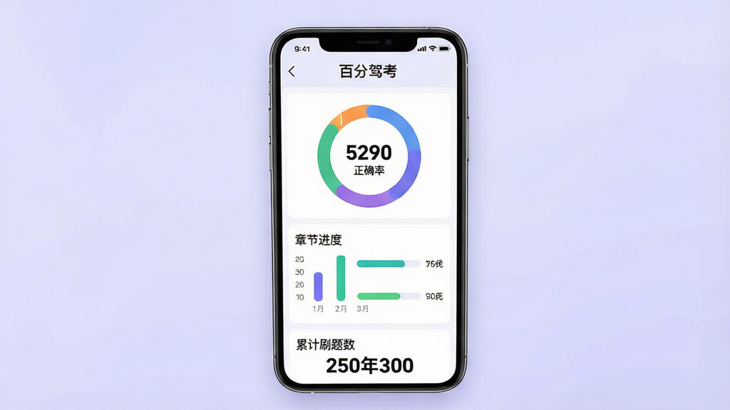 一张展示驾考学习数据统计的场景图,画面中央为手机屏幕,屏幕内呈现