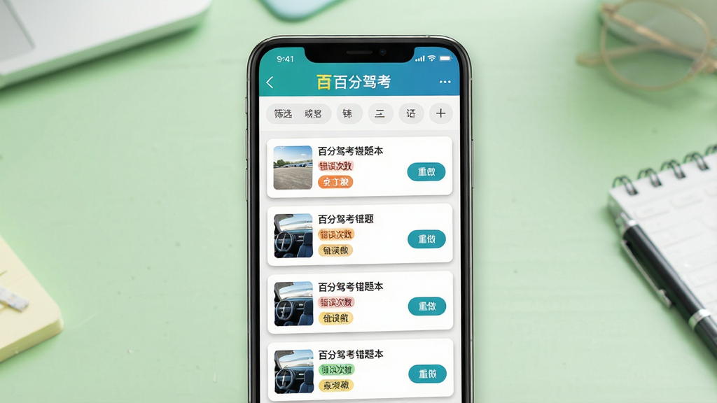 一张展示驾考错题本功能的场景图,画面中央为手机屏幕,屏幕内呈现