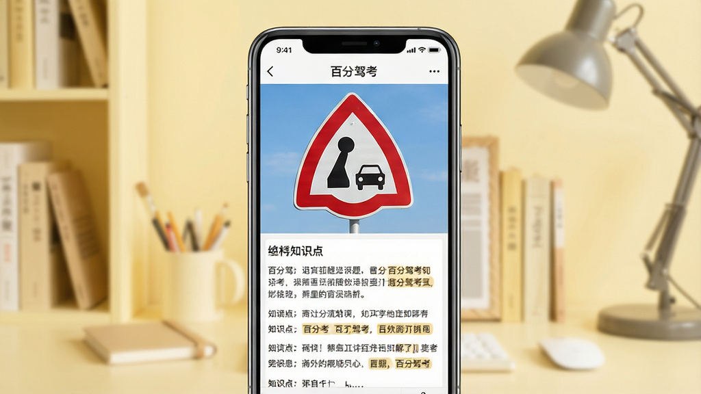 一张展示驾考题目图文解析的场景图,画面中央为手机屏幕,屏幕内呈现