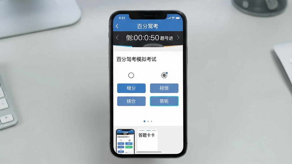 一张展示驾考模拟考试界面的场景图,画面中央为手机屏幕,屏幕内呈现