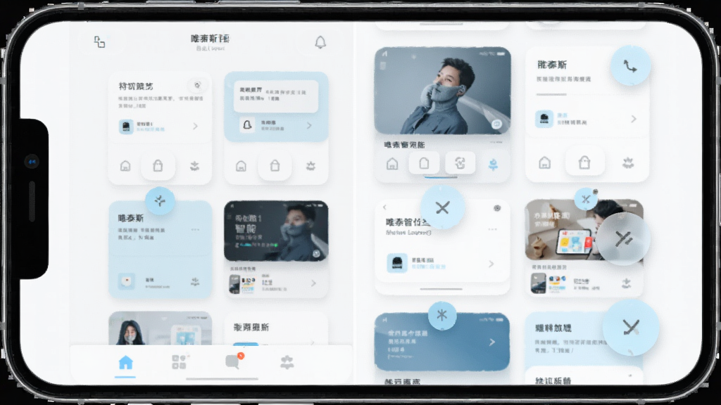 主体为手机屏幕正面展示唯泰斯智能首页自定义布局界面,布局为可拖拽卡片网格加底部导航栏,排版呈两列错落排列,风格为轻量个性化设置风,细节包括卡片拖拽把手、半透明浮动按钮、浅蓝点缀色,画质清晰,画面干净无多余元素