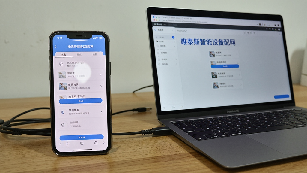 主体为手机与笔记本电脑并排摆放于桌面,手机屏幕显示唯泰斯智能设备配网页面,电脑屏幕显示模拟器运行同一应用的界面,布局为左右并列对比构图,排版简洁,风格为数码产品实拍风,细节包括桌面木纹、设备屏幕微反光、连接线缆自然摆放,画质清晰,画面干净无多余元素