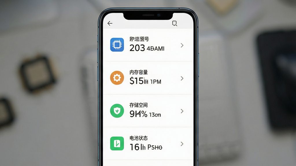 手机性能硬件检测软件主界面截图,画面中央展示手机屏幕,屏幕内呈现处理器型号、内存容量、存储空间、电池状态等硬件参数列表,布局清晰纵向排列,排版整齐,风格为现代科技感扁平化设计,细节包含图标与数值对齐,画质高清,干净,无多余元素