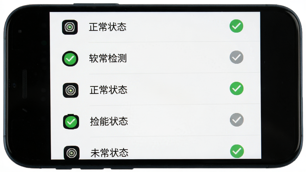 手机性能硬件检测软件传感器检测页面,画面展示手机屏幕内多个传感器图标列表与正常状态标识,布局为纵向列表排列,排版整齐每行一个传感器名称与状态,风格为简洁工具类界面,细节包含绿色对勾图标与灰色未检测标识,画质高清,干净,无多余元素