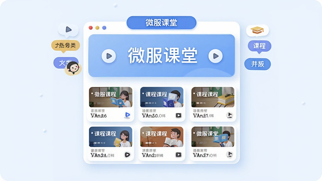 ��������Ϊһ�������Ŀγ̿�Ƭ��壬��Ƭ��д�С�΢�����á���������Χ���Ʒ����ǩ�벥��ͼ�꣬����Ϊ���жԳƣ��Ϸ�Ϊ���������·�Ϊ���пγ̿�Ƭ���񣬷��Ϊ�ִ���ԼUI�廭��ϸ���Ͽ�Ƭ����΢ͶӰ����ǩʹ��Բ�Ǿ��Σ�����Ϊ����ɫ�����������ɾ����޶���Ԫ��