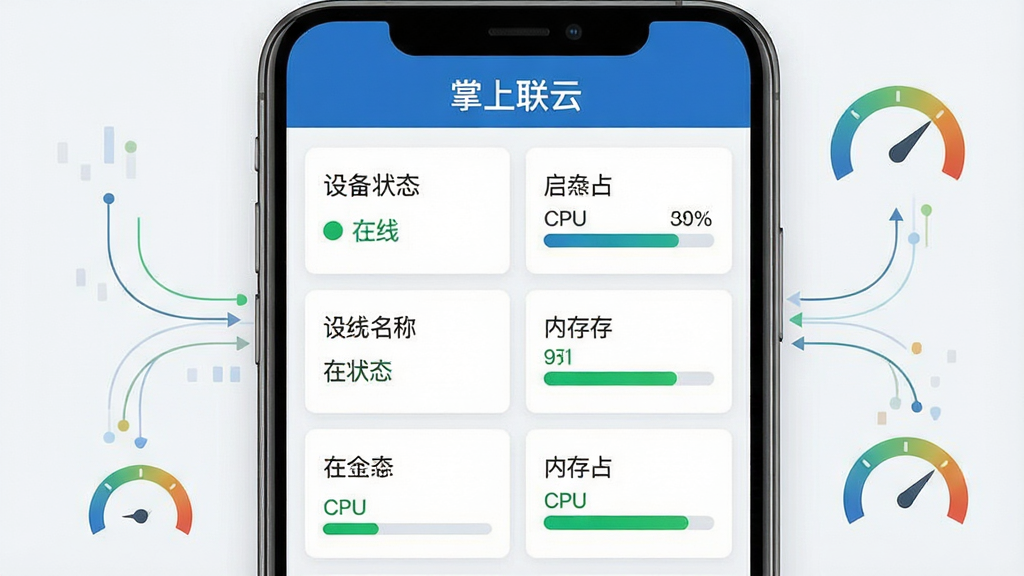 һ��չʾ���������豸״̬���幦�ܵĽ���ʾ��ͼ����������Ϊ�ֻ���Ļ�ڳ��ֵĶ��豸״̬��Ƭ�б���ÿ�ſ�Ƭ�����豸���ơ�����״̬Բ�㡢CPU���ڴ�ռ��������Ļ�Ϸ��С��������ơ�����������Χ�������������������Ǳ���ͼ�Σ�����Ϊǳ�Ұ�ɫ����������񣬲�����������ϸ�����������ʸɾ����壬������Ԫ��