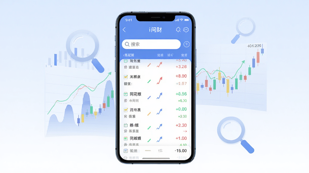 画面中央放置一部智能手机,屏幕上显示同花顺i问财应用的主界面,界面包含搜索输入框与股票列表,手机周围环绕半透明的数据图表、K线图与放大镜图标,背景为浅蓝到白色的渐变,整体采用清爽的扁平化科技风格,细节上突出搜索框与行情数字,画质清晰干净,无多余装饰元素,构图居中平衡