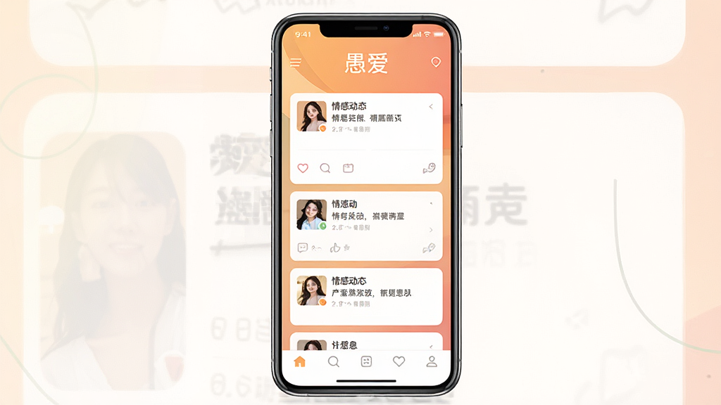 一张展示愚爱应用主界面的手机样机图,画面中央是一部竖屏智能手机,屏幕内显示愚爱软件的首页布局,顶部有「愚爱」字样,中部为卡片式情感动态列表,底部为导航栏,整体采用暖色调渐变背景,风格清新简约,细节清晰,画质干净,无多余元素,适合软件下载站展示