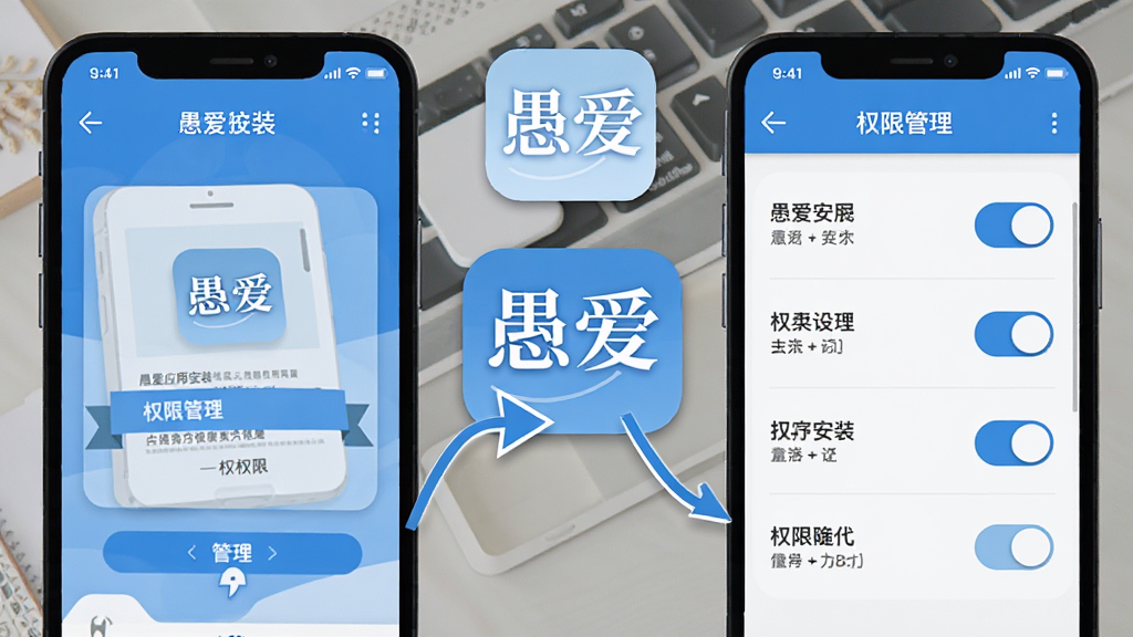 一张展示愚爱应用安装与权限设置流程的示意图,画面左侧为手机安装界面,右侧为权限管理开关面板,中间用箭头连接,配以「愚爱」标识,风格扁平化信息图,配色蓝白为主,布局清晰,细节准确,画质干净
