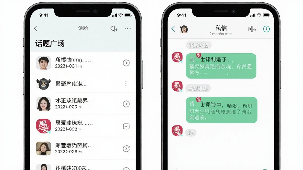 一张展示愚爱好友互动界面的手机截图风格示意图,画面中两部手机并排,左侧显示话题广场列表,右侧显示私信聊天窗口,聊天内容带有「愚爱」标识,整体配色清爽,布局规整,风格现代简约,画质干净无杂乱元素