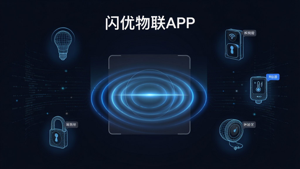 主体为闪优物联APP的设备添加界面,画面中央是一个圆形扫描波纹动画,周围漂浮着智能灯泡、智能门锁、温湿度计等设备的线框图标;布局为居中放射状构图;排版为上标题下扫描区;风格为深色科技感UI插画;细节为波纹带蓝色光晕、设备图标带小标签、背景有细密的数据流线条;画质为高清、干净、无多余元素