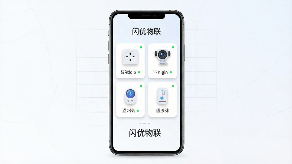 主体为一部竖屏安卓手机,屏幕中央展示闪优物联的设备管理主界面,界面内有智能插座、摄像头、温湿度传感器的卡片式图标整齐排列,顶部显示“闪优物联”字样;布局为手机居中、浅色渐变背景、四周留白;排版为上下结构,上方手机下方放置简洁的文字标签;风格为清爽科技感扁平插画;细节为图标带轻微阴影、状态指示灯为绿色小圆点、背景有若隐若现的网格线条;画质为高清2K、干净无多余元素、无杂乱装饰