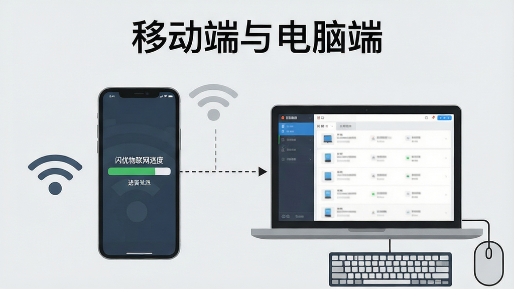 主体为一部手机与一台笔记本电脑并排摆放,手机屏幕显示闪优物联配网进度条,电脑屏幕显示模拟器中的设备列表界面;布局为左右并列、中间以虚线连接;排版为上方标题“移动端与电脑端”下方双设备对照;风格为扁平化教程示意图;细节为手机旁有Wi-Fi信号图标、电脑旁有键盘鼠标简笔、背景为浅灰纯色;画质为高清、干净、无多余元素